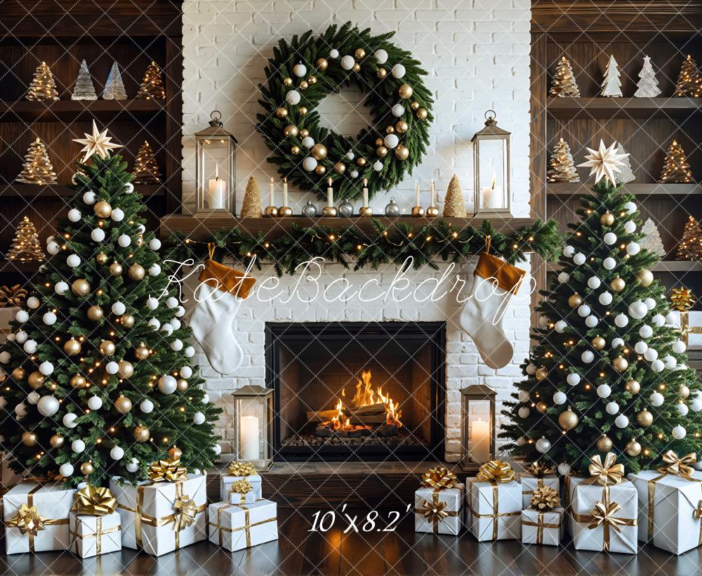 Kate Fireplace Wreath Christmas Trees Backdrop Designed by Mini MakeBelieve