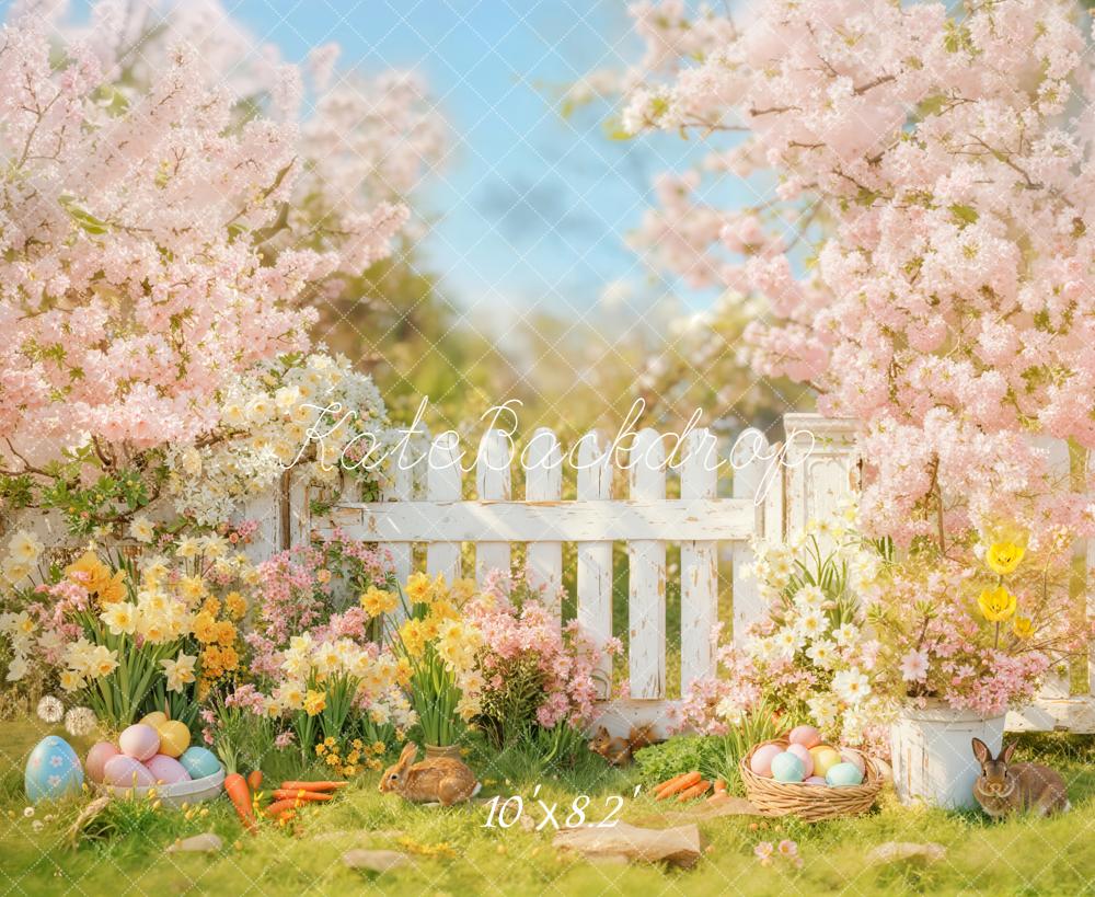 Kate Easter Bunny Flowers White Fence Backdrop Designed by Emetselch