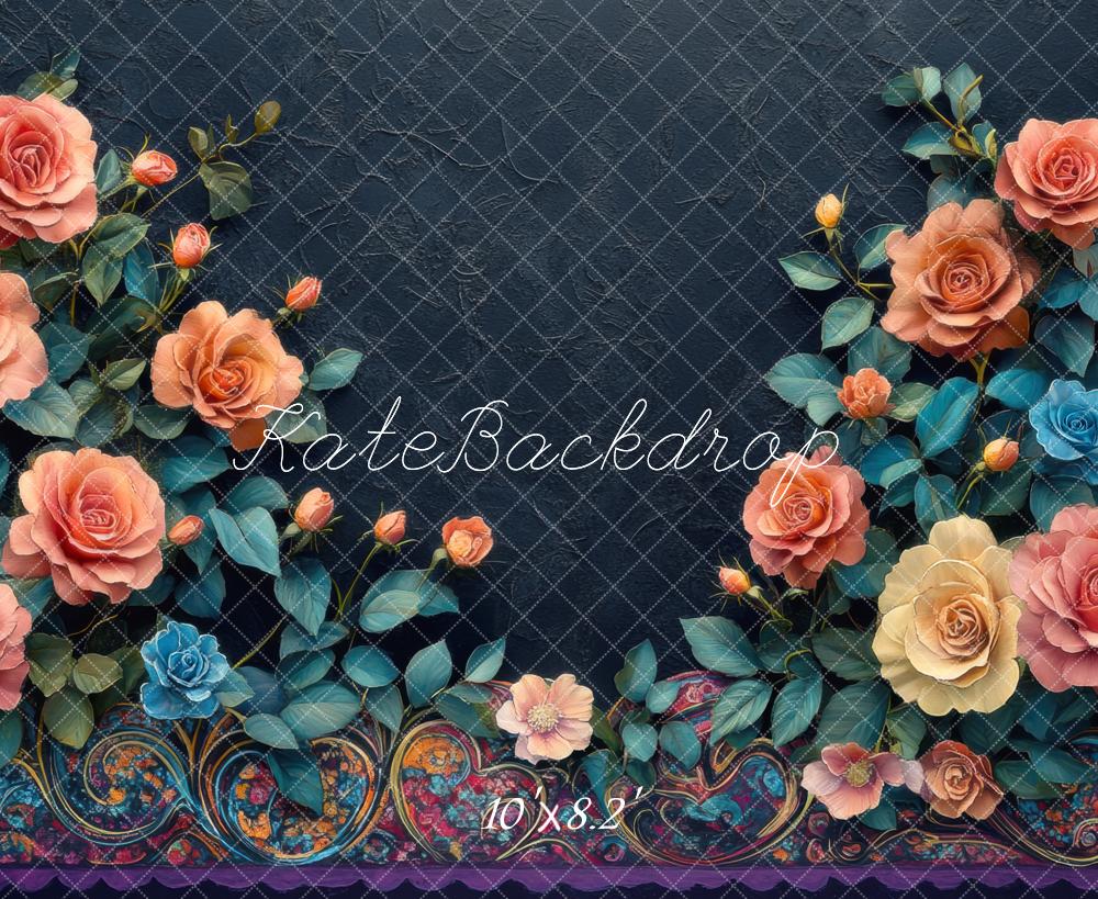 Kate Floral Roses Dark Backdrop Designed by Mini MakeBelieve