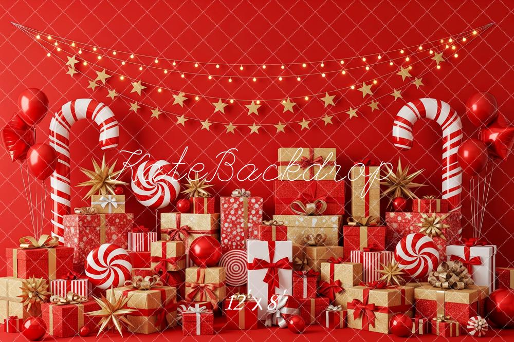 Kate Christmas Presents Candy Canes Red Backdrop Designed by Patty Roberts