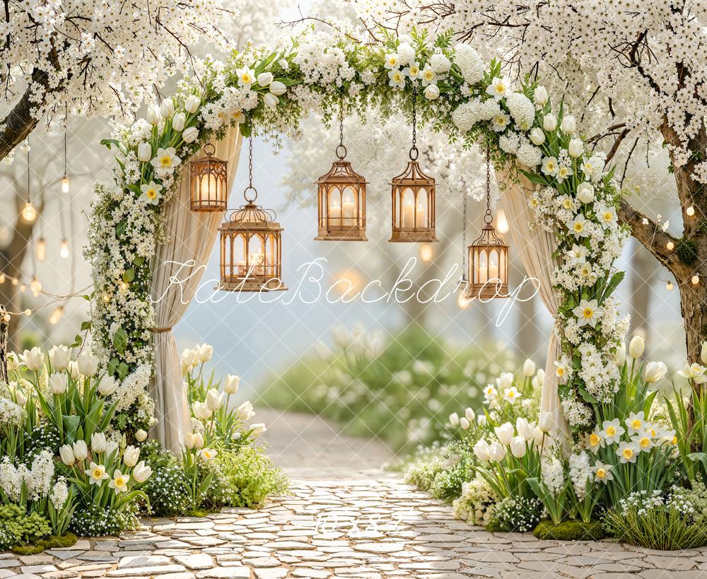 Kate Spring Flower Arch Lanterns Cobblestone Backdrop Designed by Emetselch