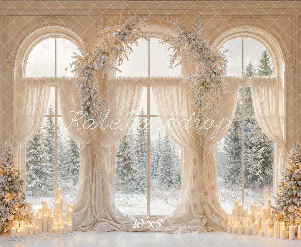 Kate Christmas Window Snow Trees Candles Fleece Backdrop Designed by Emetselch - Kate Backdrop AU