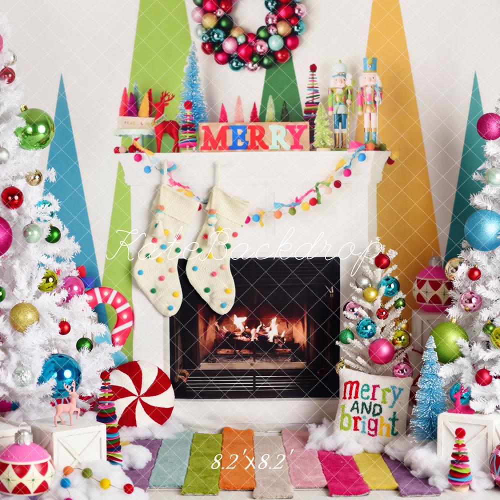 Kate Christmas Fireplace Trees Colourful Backdrop Designed by Mandy Ringe