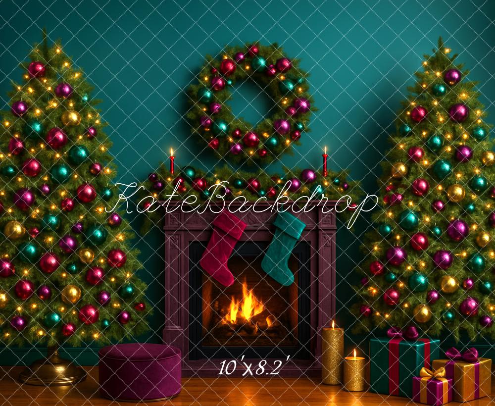 Kate Christmas Trees Fireplace Wreath Backdrop Designed by Megan Leigh - Kate Backdrop AU