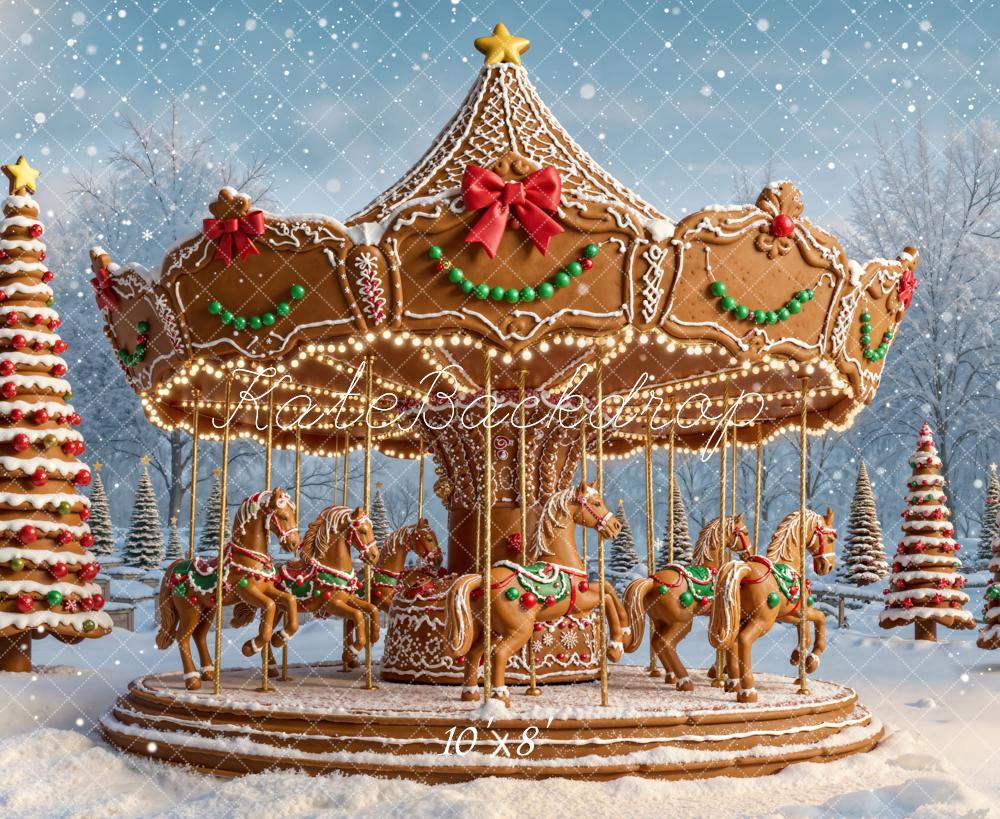 Kate Christmas Carousel Gingerbread Fleece Backdrop Designed by Emetselch
