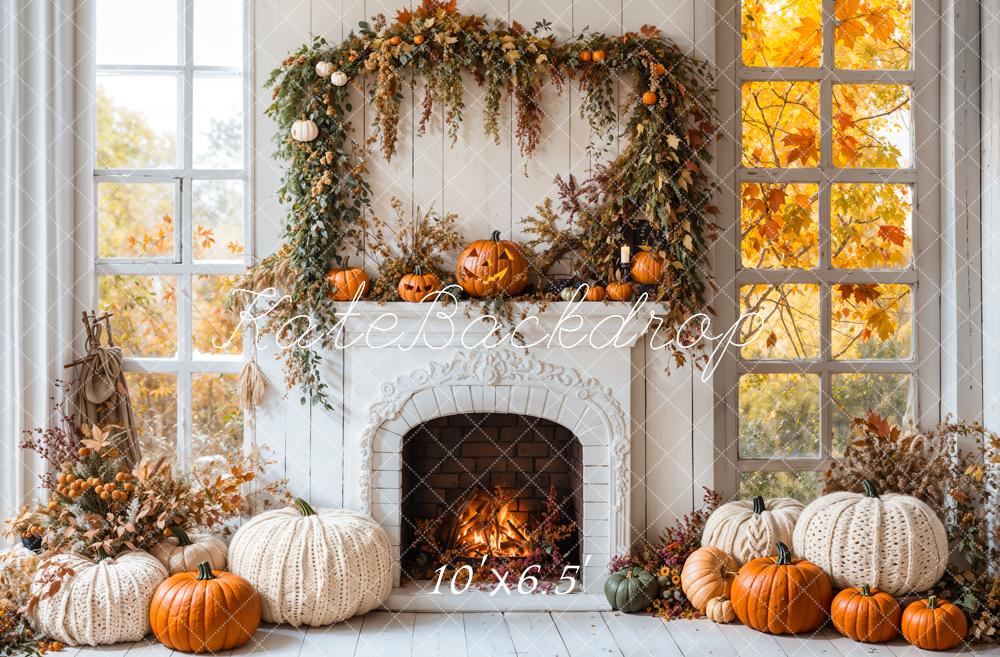 Kate Autumn Fireplace Pumpkins Window Backdrop Designed by Emetselch - Kate Backdrop AU