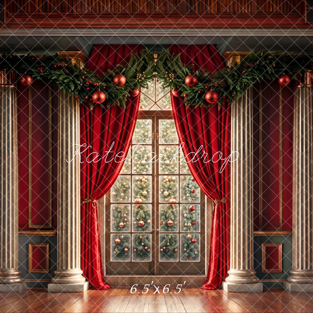 Kate Christmas Window Tree Red Curtains Backdrop Designed by Chain