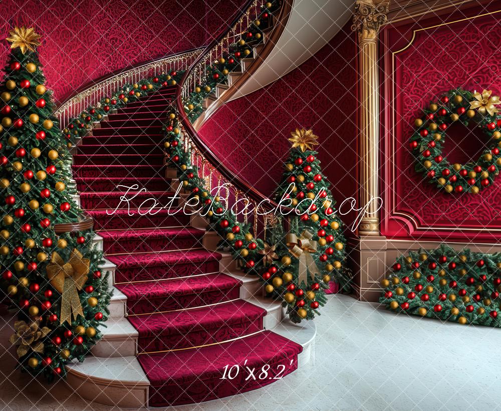 Kate Christmas Cascading Stairs Tree Wreath Red Backdrop Designed by Mini MakeBelieve - Kate Backdrop AU