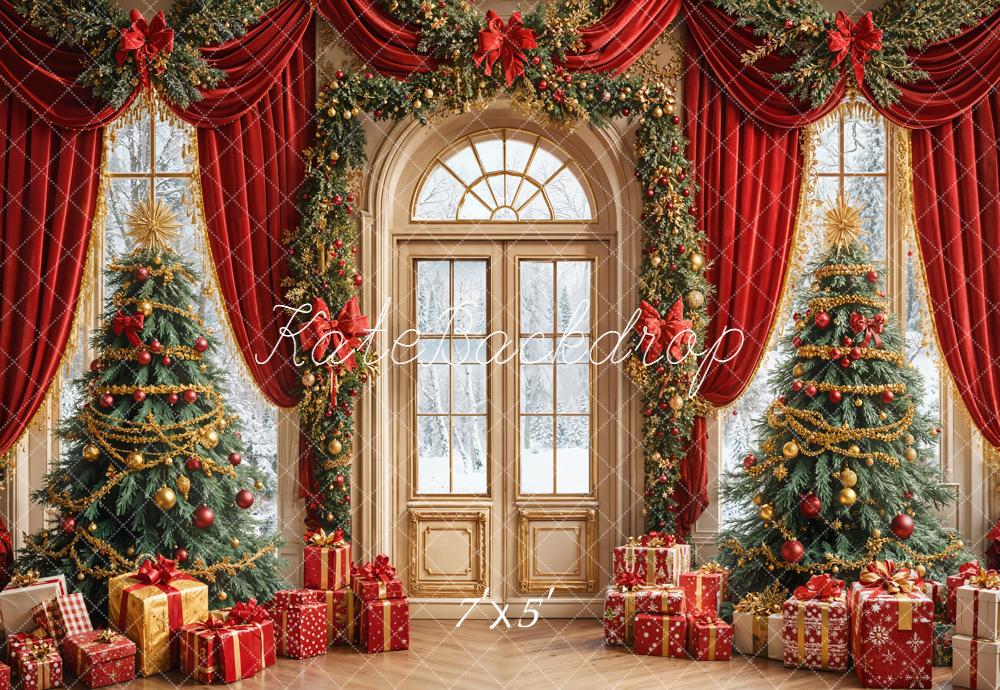 Kate Christmas Trees Red Curtains Presents Backdrop Designed by Emetselch