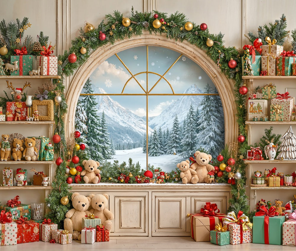 Kate Christmas Window Gifts Teddy Bears Fleece Backdrop Designed by GQ - Kate Backdrop AU