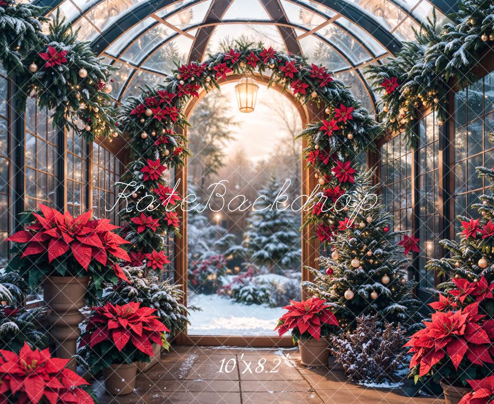 Kate Christmas Poinsettia Garland Snowy Trees Backdrop Designed by Emetselch - Kate Backdrop AU