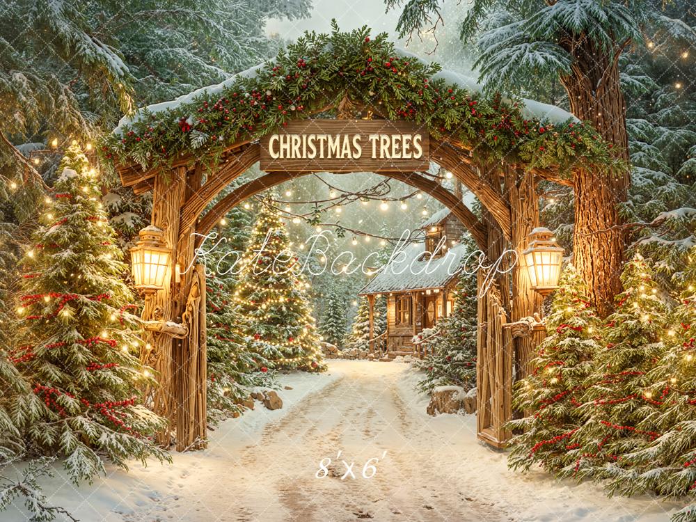 Kate Christmas Trees Wooden Arch Snowy Backdrop Designed by Emetselch