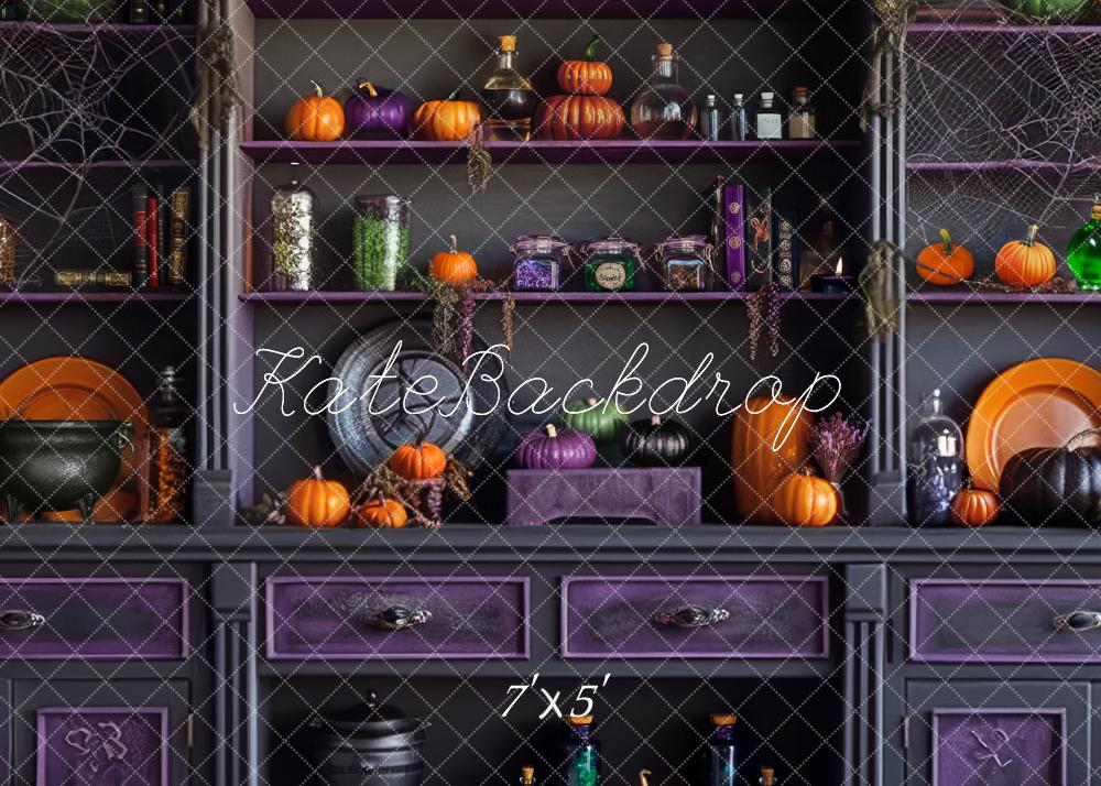 Kate Halloween Cabinet Pumpkins Spider Webs Purple Backdrop Designed by Mandy Ringe - Kate Backdrop AU
