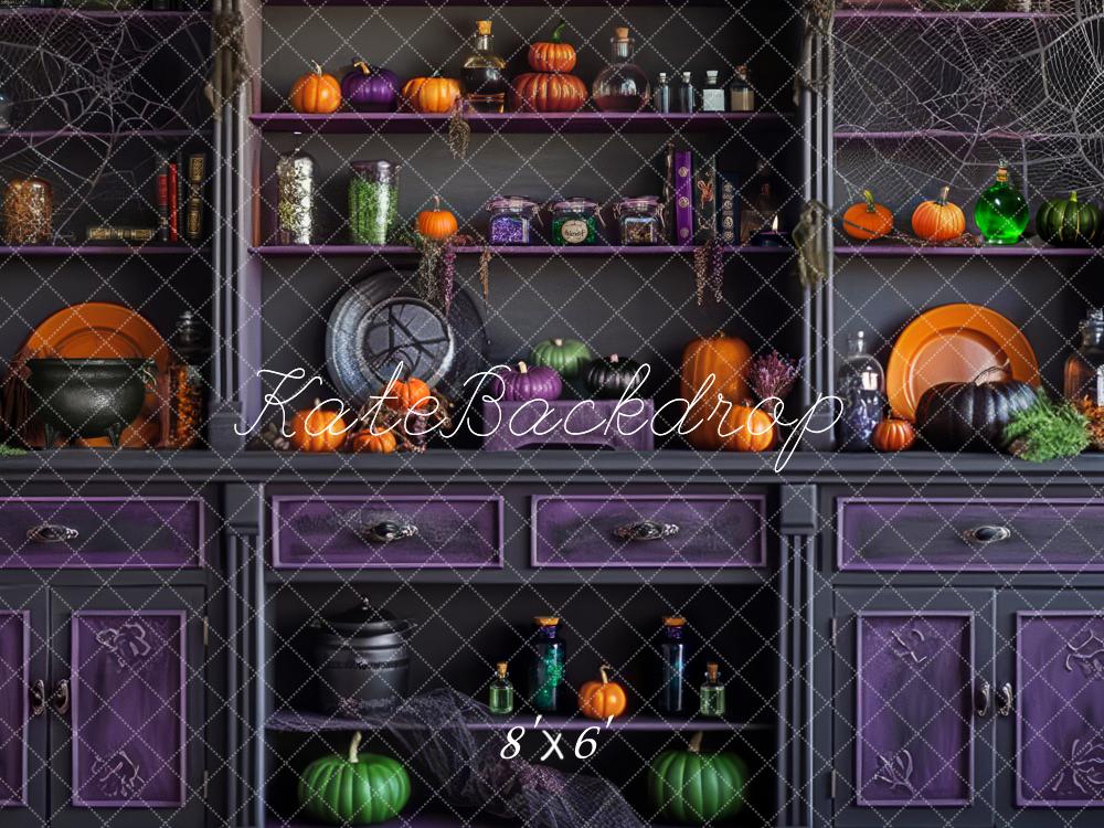 Kate Halloween Cabinet Pumpkins Spider Webs Purple Backdrop Designed by Mandy Ringe - Kate Backdrop AU