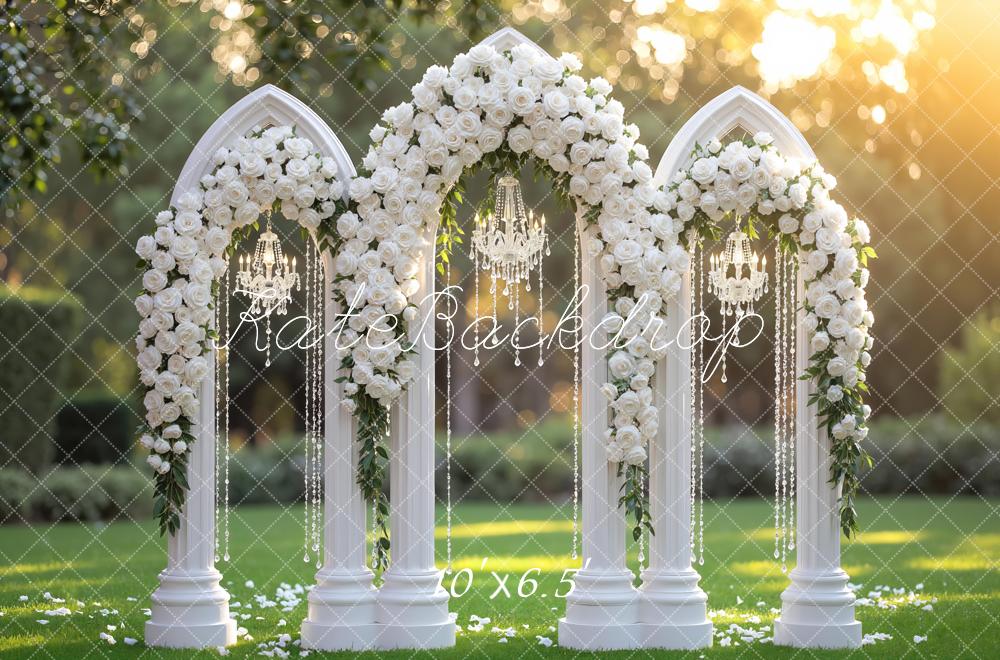 Kate Wedding Flower Arch Chandelier Columns Backdrop Designed by Mini MakeBelieve