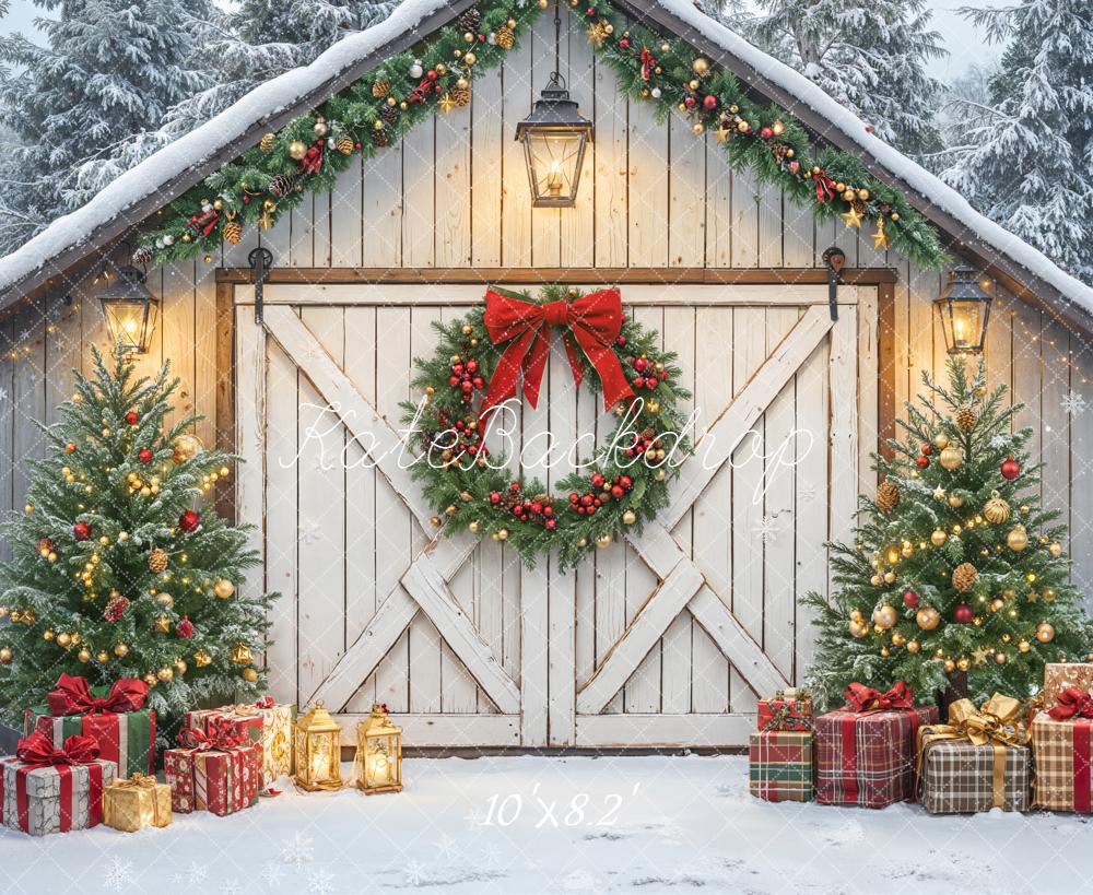 Kate Christmas Barn Door Wreath Trees Gifts Backdrop Designed by Emetselch - Kate Backdrop AU
