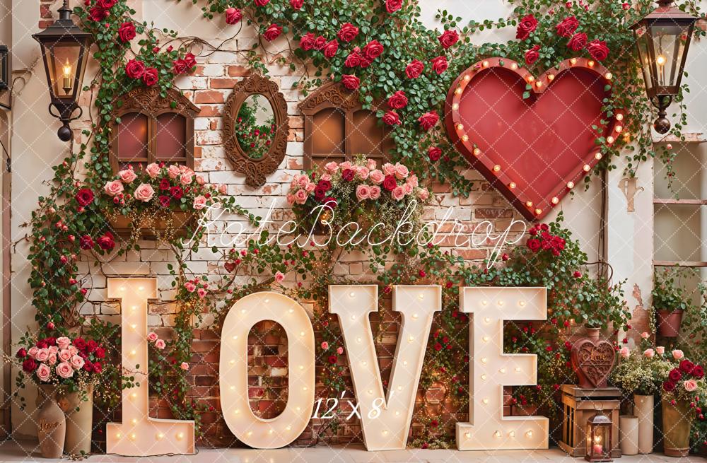 Kate Love Red Heart Brick Wall Backdrop Designed by Emetselch