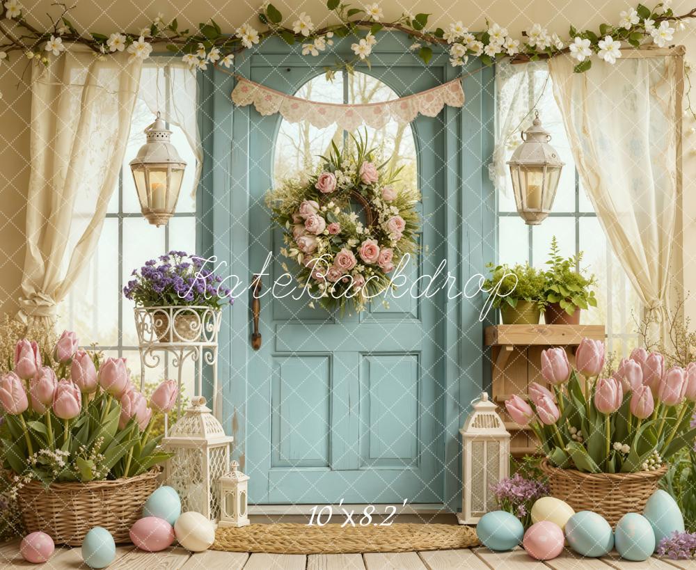 Kate Easter Eggs Floral Blue Door Backdrop Designed by Emetselch
