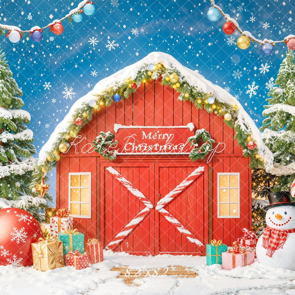 Kate Christmas Red Barn Snowman Presents Trees Backdrop Designed by Chain - Kate Backdrop AU