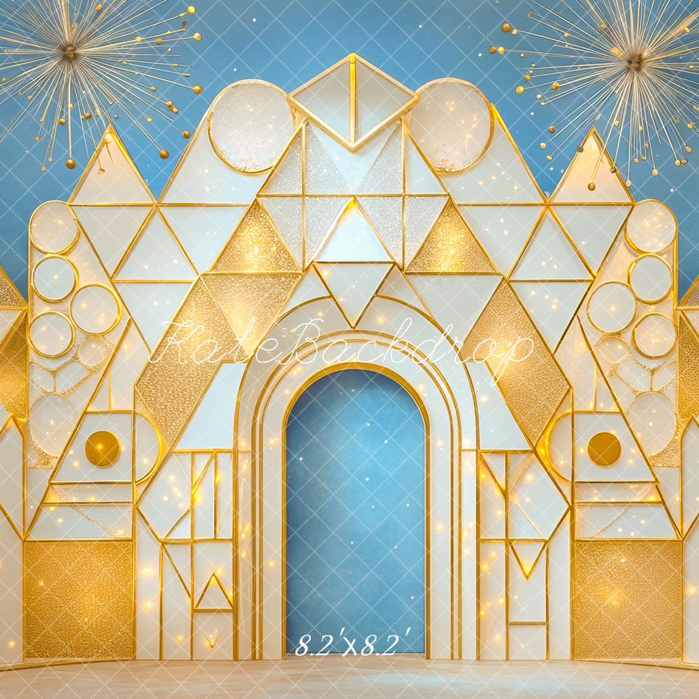 Kate Geometric Arch Gold Sparkle Blue Backdrop Designed by Mini MakeBelieve