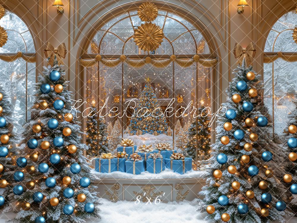Kate Christmas Blue Gold Ornaments Snowy Trees Backdrop Designed by Mini MakeBelieve - Kate Backdrop AU