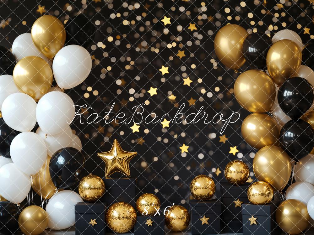 Kate Black Gold White Balloons Star Backdrop Designed by Emetselch