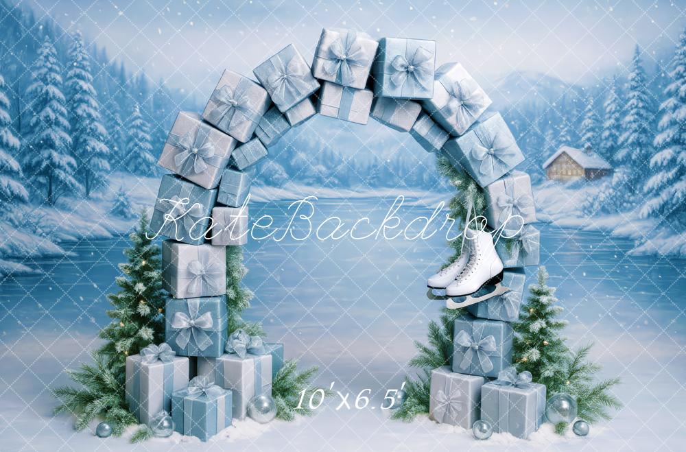 Kate Christmas Gift Arch Ice Skates Snowy Backdrop Designed by Patty Roberts - Kate Backdrop AU
