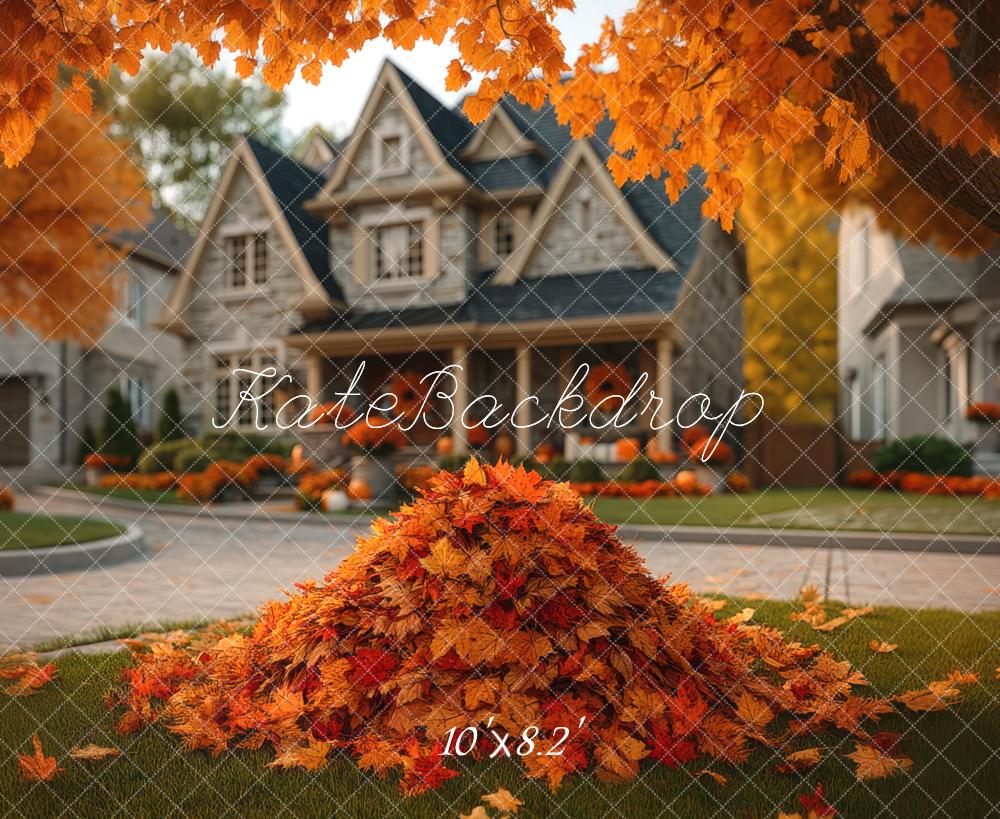 Kate Autumn Leaves Pile Front Yard House Backdrop Designed by Mini MakeBelieve