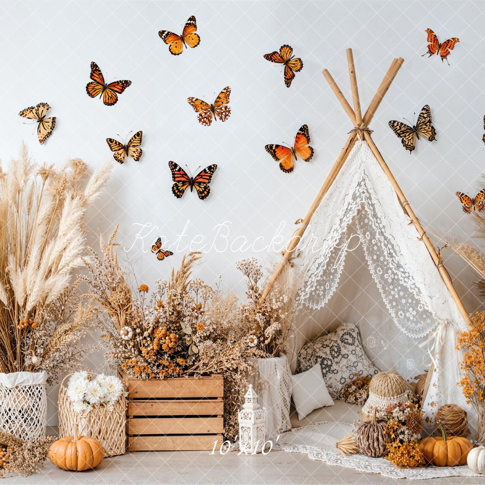 Kate Autumn Boho Teepee Butterflies Pumpkins Backdrop Designed by Emetselch - Kate Backdrop AU