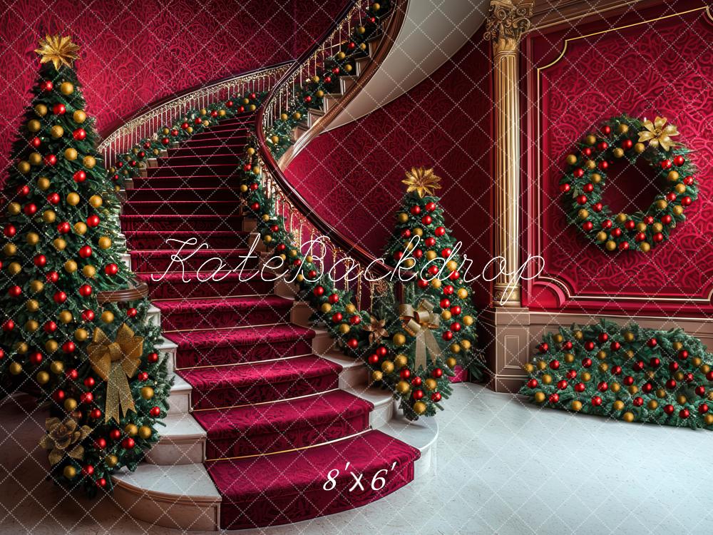 Kate Christmas Cascading Stairs Tree Wreath Red Backdrop Designed by Mini MakeBelieve - Kate Backdrop AU