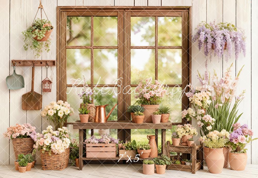 Kate Spring Flower Pots Wooden Window Backdrop Designed by Emetselch