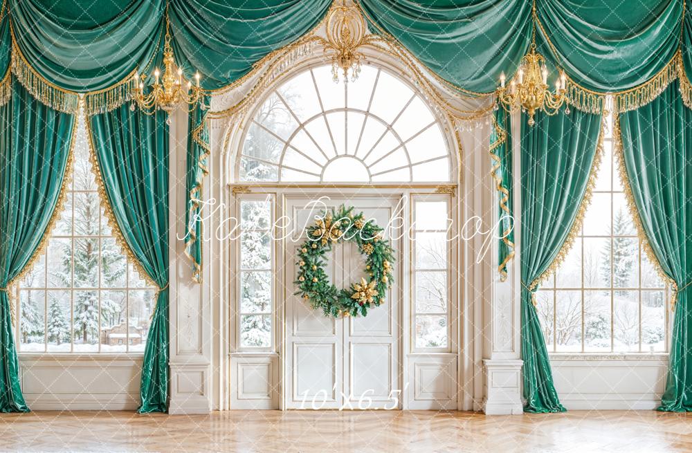Kate Christmas Green Curtains Windows Backdrop Designed by Emetselch - Kate Backdrop AU