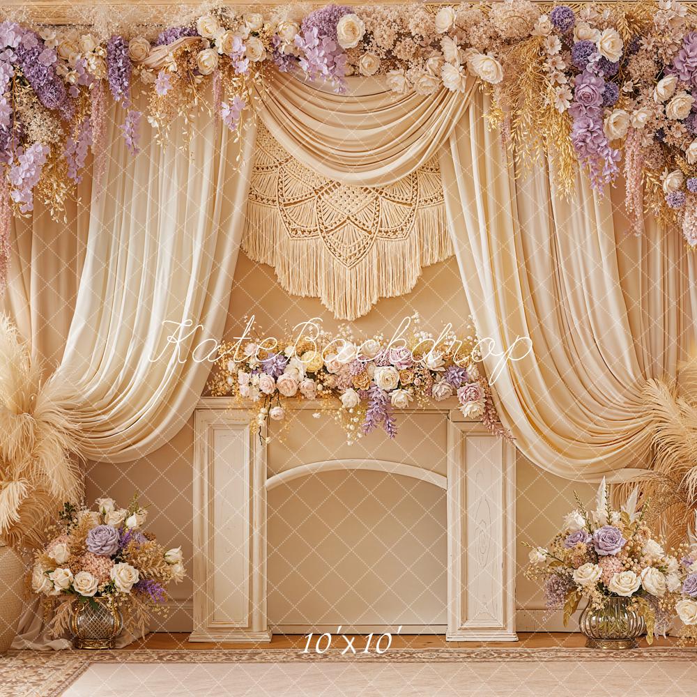 Kate Boho Floral Drapes Pampas Beige Backdrop Designed by Emetselch