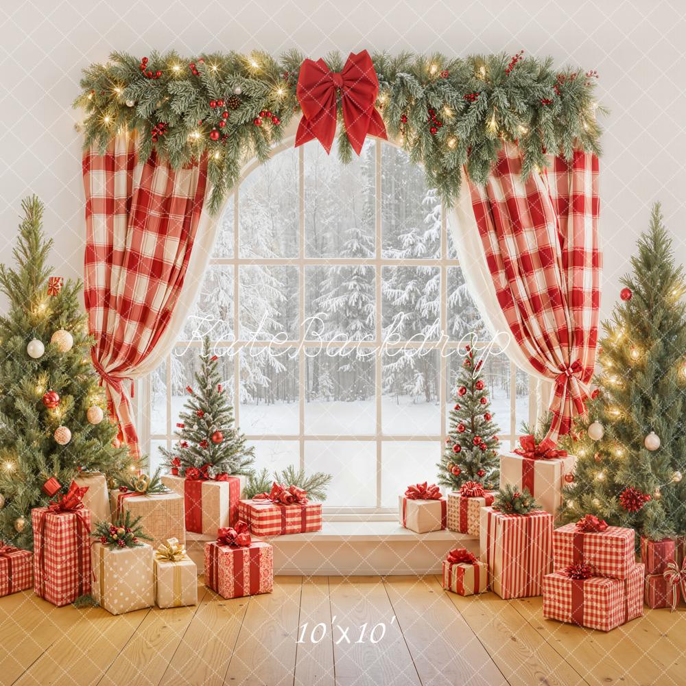 Kate Christmas Plaid Curtains Presents Trees Backdrop Designed by Emetselch
