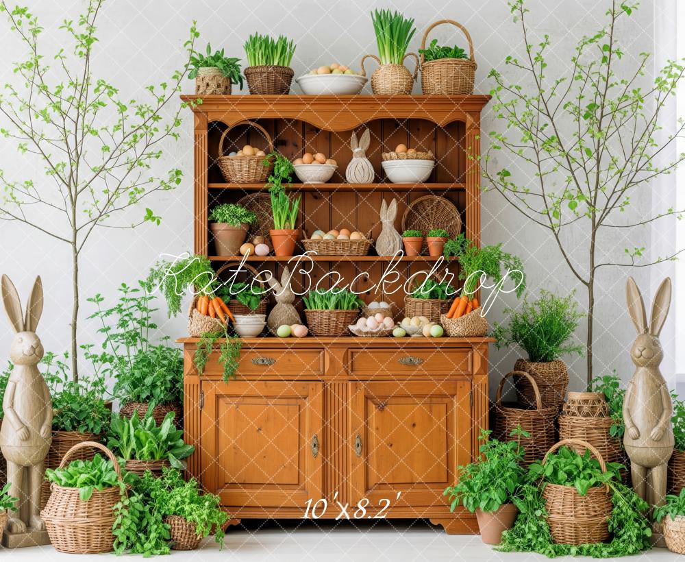 Kate Easter Bunny Cabinet Eggs Greenery Backdrop Designed by Patty Roberts