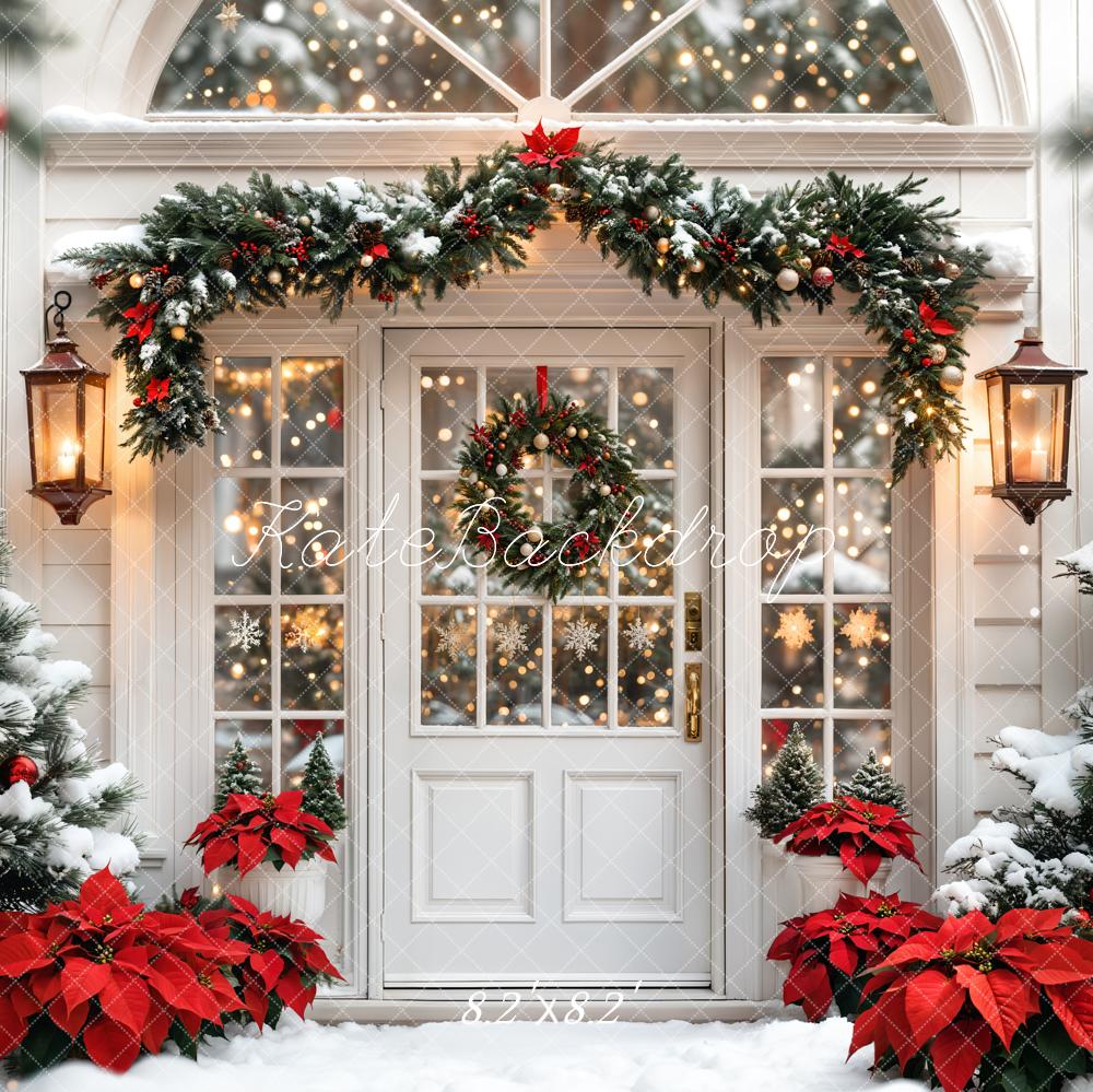 Kate Christmas Snowy Door Wreath Poinsettias Backdrop Designed by Emetselch