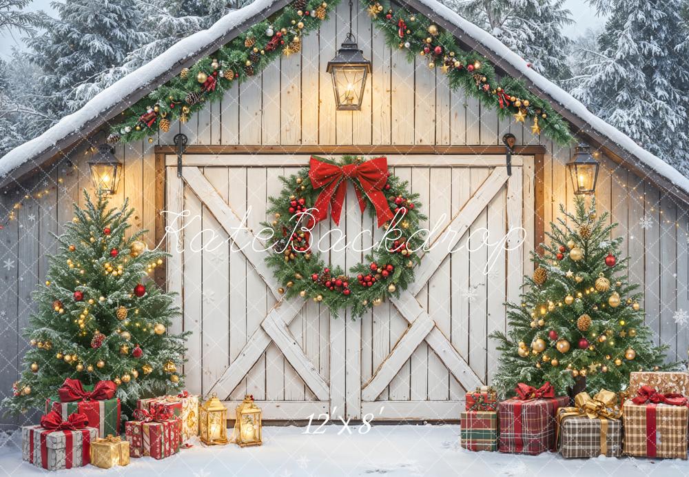 Kate Christmas Barn Door Wreath Gift Boxes Fleece Backdrop Designed by Emetselch - Kate Backdrop AU