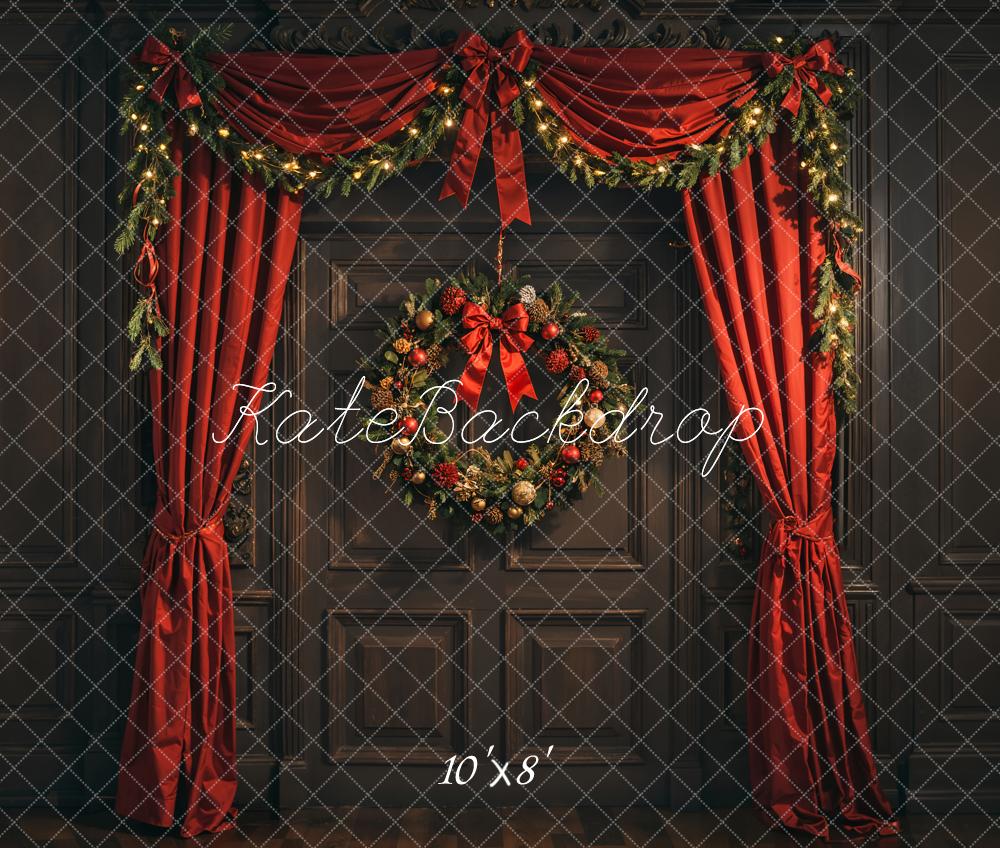 Kate Christmas Wreath Red Curtains Fleece Backdrop Designed by Emetselch - Kate Backdrop AU