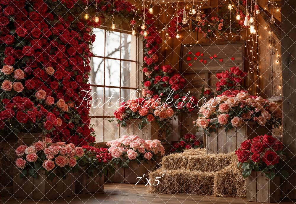 Kate Rustic Barn Red Roses Hay Bales Backdrop Designed by Emetselch