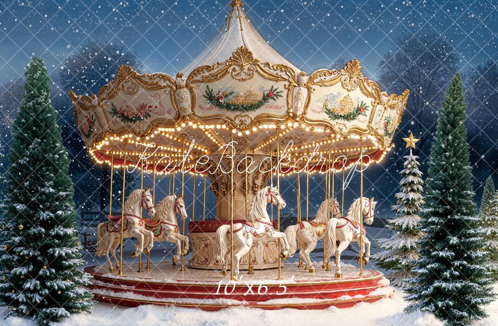 Kate Carousel Snow Winter Trees Backdrop Designed by Emetselch