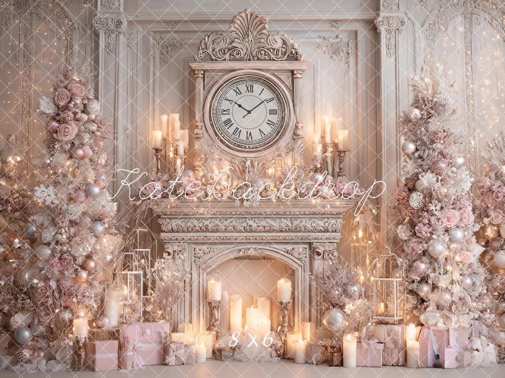 Kate Christmas Pink Trees Fireplace Clock Backdrop Designed by Ashley Paul