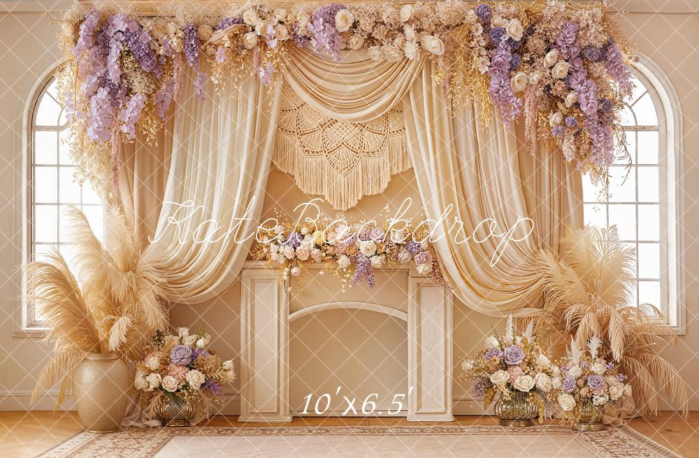 Kate Boho Floral Drapes Pampas Beige Backdrop Designed by Emetselch
