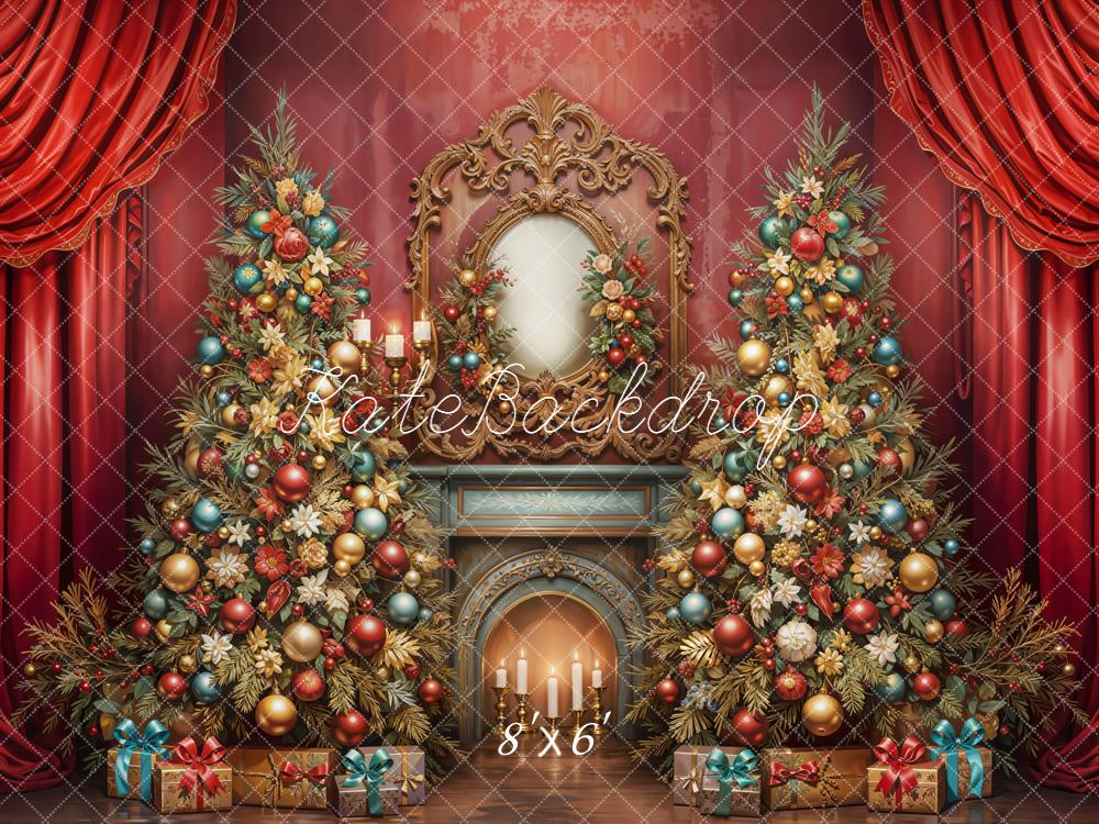 Kate Christmas Tree Fireplace Red Curtains Backdrop Designed by Emetselch - Kate Backdrop AU