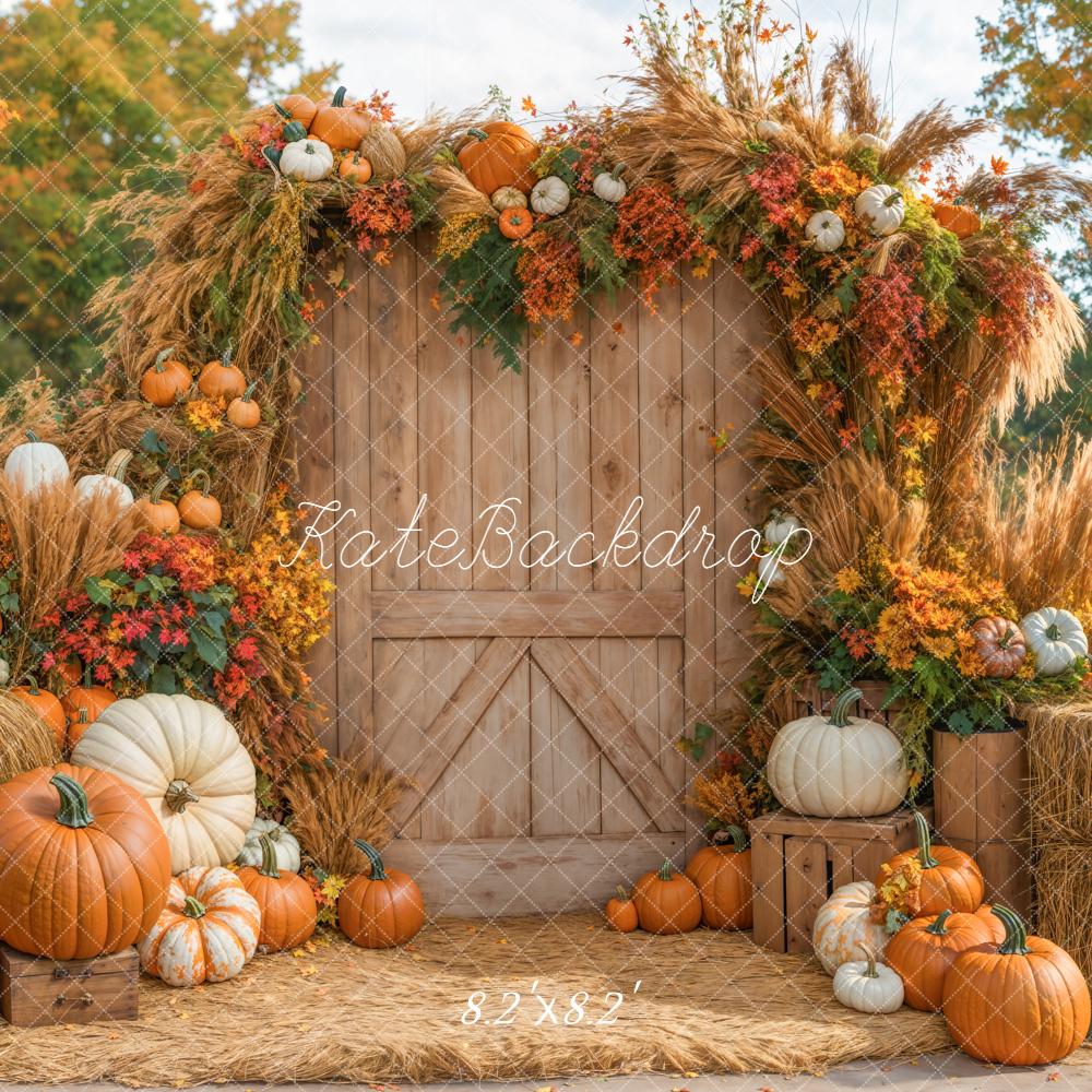 Kate Autumn Backdrop Pumpkins Hay Bales Barn Door Designed by Emetselch - Kate Backdrop AU