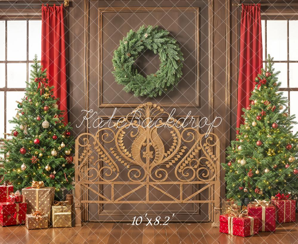 Kate Christmas Trees Wreath Red Curtains Backdrop Designed by Emetselch - Kate Backdrop AU