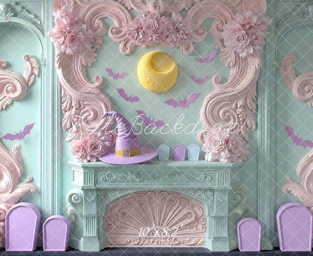 Kate Halloween Pastel Witch Hat Fireplace Bats Backdrop Designed by Mini MakeBelieve