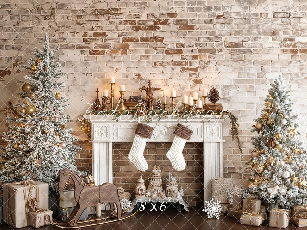 Kate Christmas Fireplace Brick Fleece Backdrop Designed by Emetselch