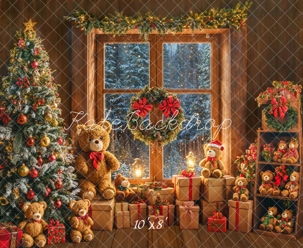 Kate Christmas Tree Teddy Bears Window Fleece Backdrop Designed by Emetselch - Kate Backdrop AU