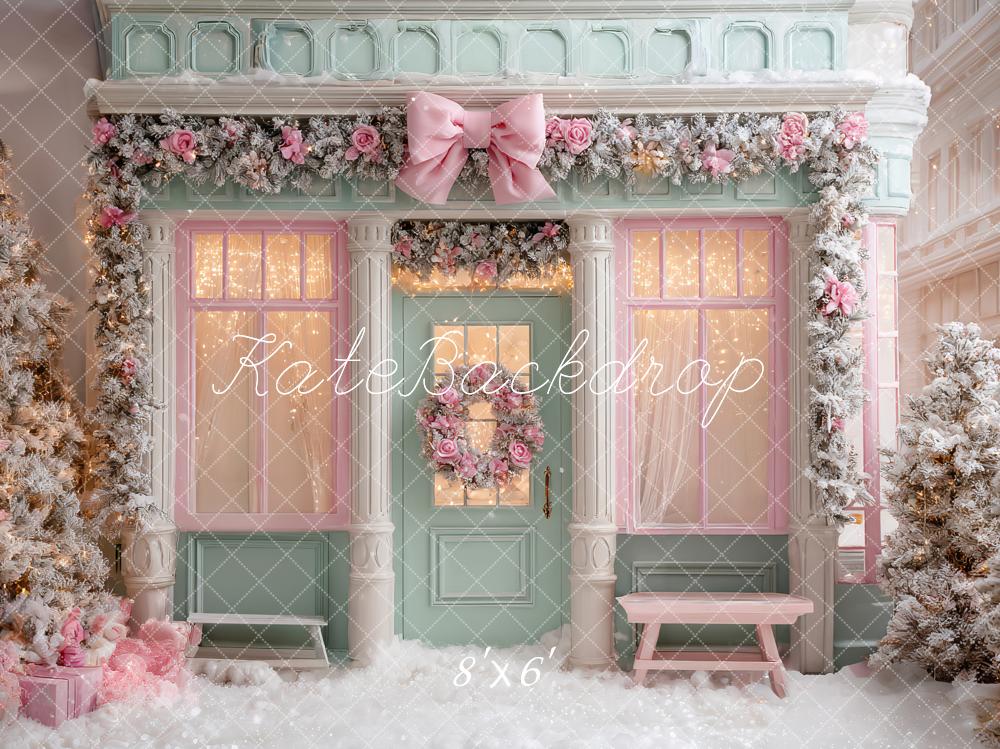 Kate Pink Christmas Shop Frosted Trees Backdrop Designed by Ashley Paul