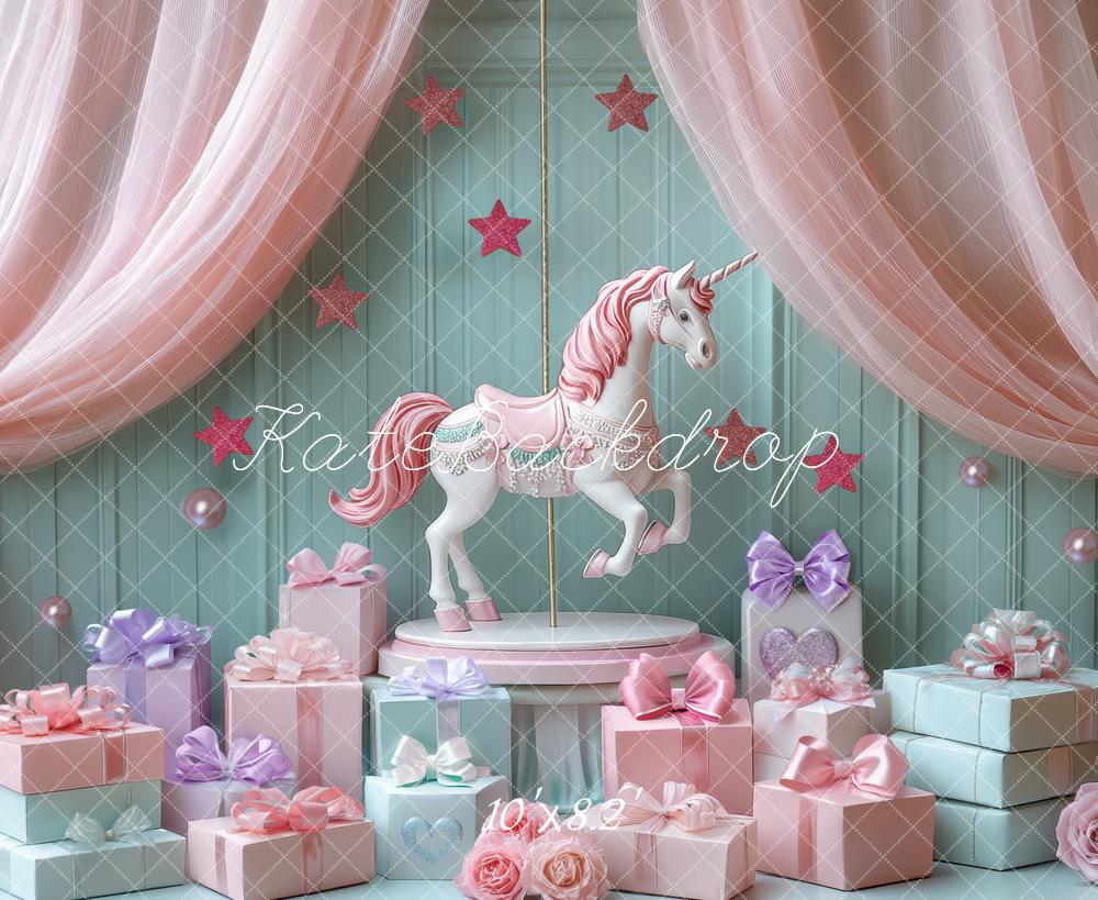 Kate Unicorn Carousel Pink Curtains Gift Boxes Backdrop Designed by Mini MakeBelieve - Kate Backdrop AU